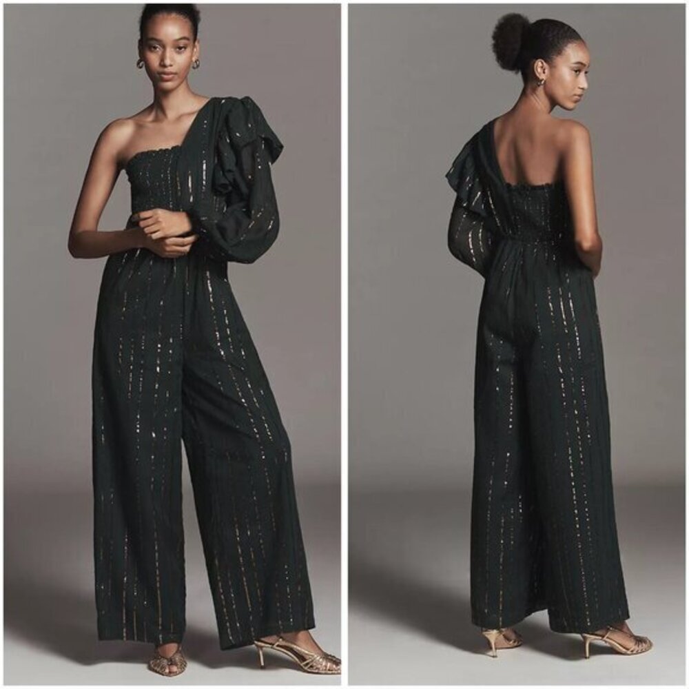 Farm Rio x Anthropologie One-Shoulder Green Stripe Metallic Jumpsuit Size XS NWT